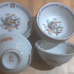 ラーメン鉢（小）　取り皿（未使用品）　各5個づつセット　鳳凰　蝙蝠　山仁陶苑特製　昭和レトロ　中華食器　極稀少　の画像