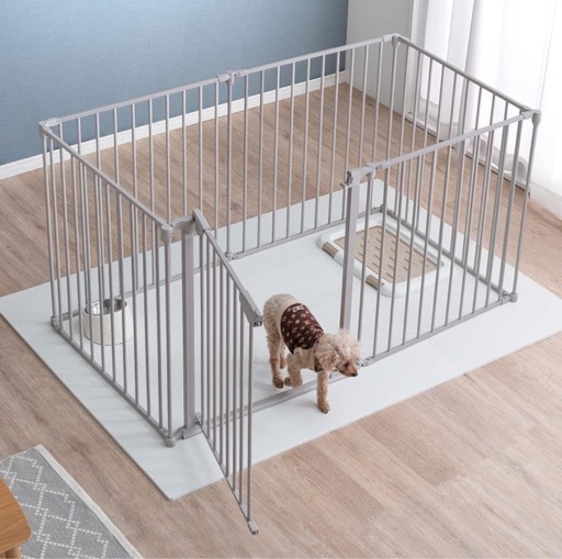 タンスのゲン ペットサークル 151×76×76cm バリアフリー 6面 両開き ダブルロック ドア 折りたたみ可能 レイアウト自由 シニア犬 室内 グレージュ