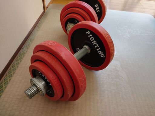 ダンベル20kg x 2 ,　トレーニングベンチ、　解説本のセット