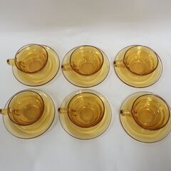 昭和 レトロ アンバーガラス コーヒーカップ&ソーサー 飴色ガラス 併売の画像