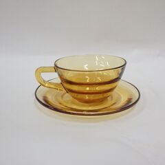 昭和 レトロ アンバーガラス コーヒーカップ&ソーサー 飴色ガラス 併売の画像