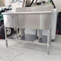 現状渡し 2口 シンク 厨房 ステンレス 作業台  ガレージ 洗い場 全幅100cm×奥行60cm×全高94.5cm 深さ26㎝ 苫小牧西店の画像