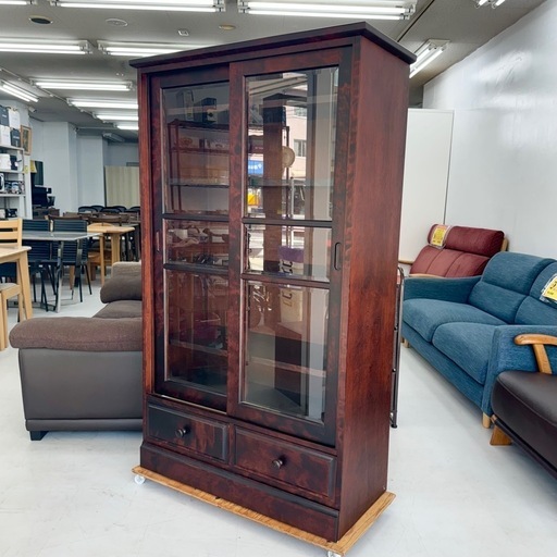 【美品‼️】高級民芸家具 旭川 90cm幅キャビネット 書棚 本棚 多目的棚 カバ材ブラウン♪
