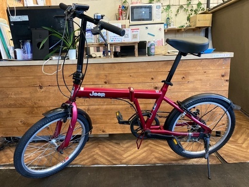 【訳あり！Jeep 前後タイヤ・チューブ新品！】6段変速　20インチ折りたたみ自転車　レッド