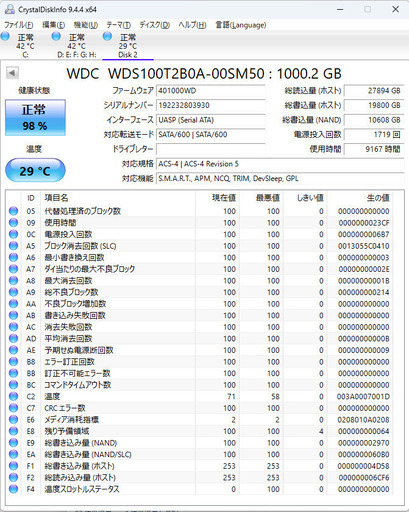 【値下】SATA SSD 2.5インチ 1TB WDS100T2B0A