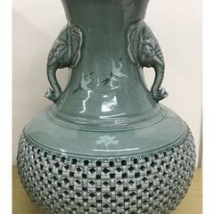 雲鶴象嵌二重胴透彫  網目飾り壺 成元 大壷 花瓶 花器 高さ44cm