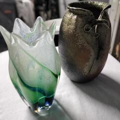 花瓶　信楽焼　レトログラス　フラワーベース　焼物　ガラス