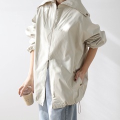 美品　ベージュ フード付きオーバーサイズジャケット　ハイスタンド...