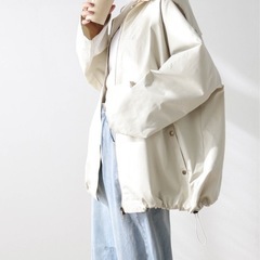 美品　ベージュ フード付きオーバーサイズジャケット　ハイスタンドマウンテンパーカーの画像