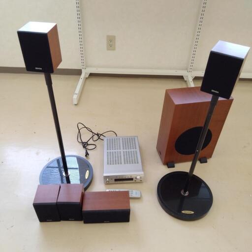 DENON ホームシアターセット M380 木目 通電のみ確認済 リモコン、スピーカースタンド付 2008年 サラウンドアンプ AVC-M380 スピーカー SC-AM380×4 SC-CM380×1 ウーハー  DSW M380 デノン