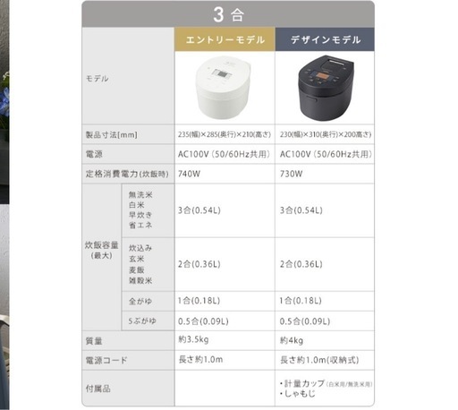 炊飯器3合炊き