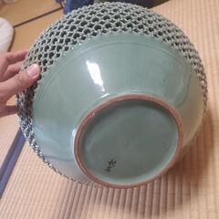 ■美品■秋岩■呉吉煥■秋岩傅統陶芸■青磁雲鶴花瓶■網目透かし壺■共箱■高麗青磁■花生■花器■の画像