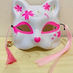 新品お面　1個140円猫の半面鈴付き桃桜