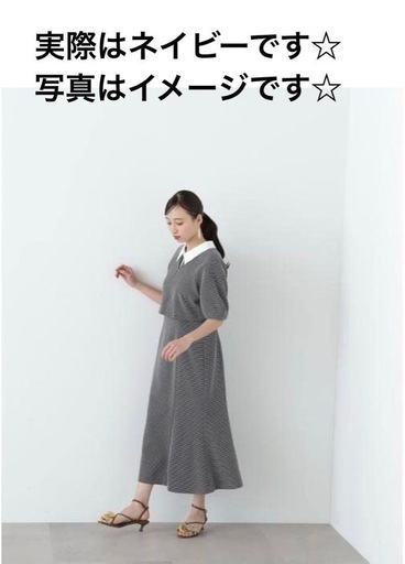 レイヤード風 襟付きワンピース ネイビー サイズM マーメイドライン ラメ糸