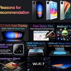 最終値下げ！！！赤字（涙）ほぼ新品/オマケ多数/早い者勝ち★2024年最新版★10.1インチ(2,560×1,600)/Android 14タブレット/5G/Wi-Fi 7/Bluetooth/GPS/16GB(ROM)＋1TB(RAM)/キーボード＋Stylusペン/Snapdragon 8 2nd Gen.CPU搭載/10,000mAhバッテリー/ダブルSIM/キーボードケース付き★ノーブランドの画像
