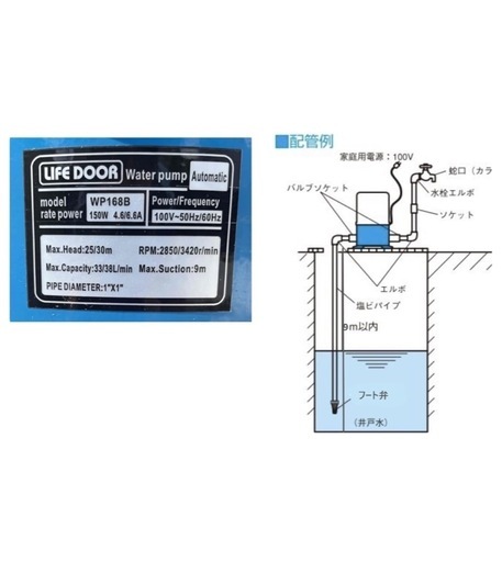 新品同様　電動井戸ポンプ 最大給水深9ｍ 自動給水タイプ 静音 100V50/60Hz　