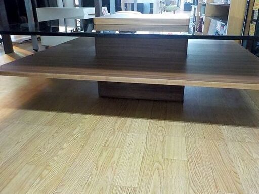 センターテーブル LOWYA 幅100㎝ スクエア型 ガラス天板 黒×茶 ローテーブル リビングテーブル 西岡店