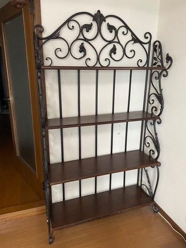 ◆早い方優先!! オシャレ☆ アンティーク調 アイアン リーフ 折りたたみ式収納棚 ブラック×ブラウン ラック