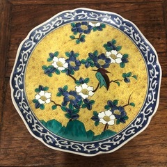 九谷焼　中皿　黄地花鳥　