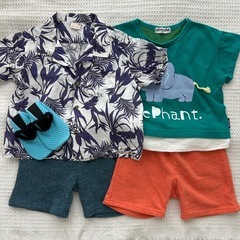 90 サイズ　男の子　キッズ　ベビー　Petit main　服　ズボン　シャツ　　靴　水遊びの画像