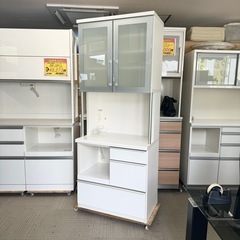 【超美品‼️】定価22万♪ 松田家具 80cm幅キッチンボード 食器棚 収納家具 レンジボード 鏡面仕上げホワイト♪