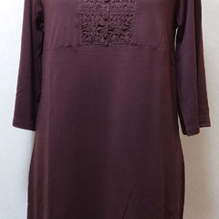 UNIQLO ユニクロ／襟ぐりレース・胸元モチーフのチュニックワンピ／Ｌ 七分袖 ブラウン色✨タグ無し 試着のみの画像