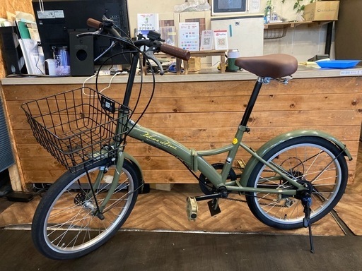 【チェーン新品！】6段変速　カゴ付き20インチ折りたたみ自転車　モスグリーン