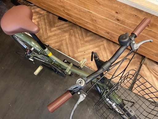 【チェーン新品！】6段変速　カゴ付き20インチ折りたたみ自転車　モスグリーン