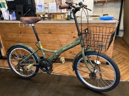 【チェーン新品！】6段変速　カゴ付き20インチ折りたたみ自転車　モスグリーン