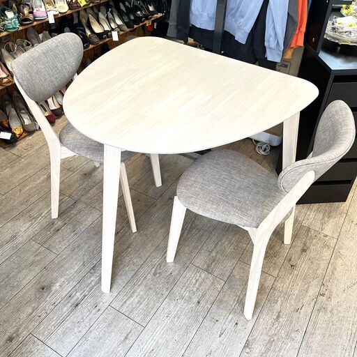 LOWYA ロウヤ 北欧風ダイニングテーブルセット (3点) 定価33,990円　二人用 丸テーブル+椅子2脚セット ホワイト×グレー ★買取帝国 志木店