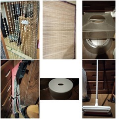 ①ビーズのれん ②ラグ ③風呂イス ④蛍光灯の器具 ⑤スキースノ...