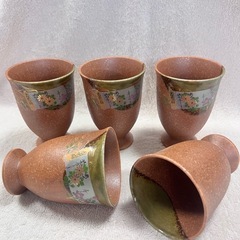 和風柄 陶器 グラス 湯呑み 昭和レトロ 個性的 5個セット 未使用品の画像