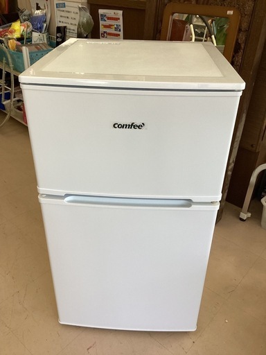 美原店　2021年製　小さめ　2ドア　単身 COMFEE' 冷蔵庫 90L 2ドア 右開き ホワイト RCT90WH/E 耐熱天板