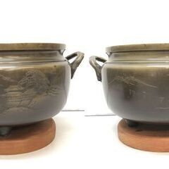 ss6782 真鍮火鉢 山水画 大型 取っ手付き 台座付き 火起こしセット付