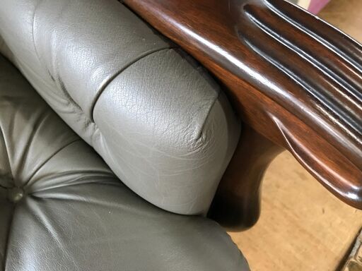 【ジャングルジャングル深井店】★本皮2人用ソファー グリーン系 家具 クリーニング済 堺市 深井 【FU977】