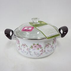 FUJI ホーロー 両手鍋 花柄 耐熱ガラス蓋 16cm 1.5...