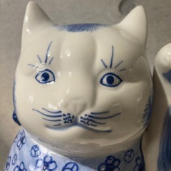 九谷焼　招き猫　青磁　猫置物の画像