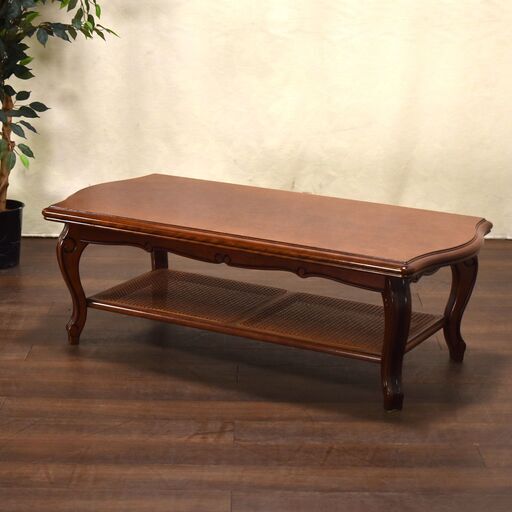 【ヤ取終了11/14】≪zyt1644ジ≫ カリモク家具 リビングテーブル TP4050VQ 幅130cm ラバートリー材/ブビンガ突板/ラタン/籐/2段/棚付/センターテーブル/中古家具/宮城県仙台市 60826-10