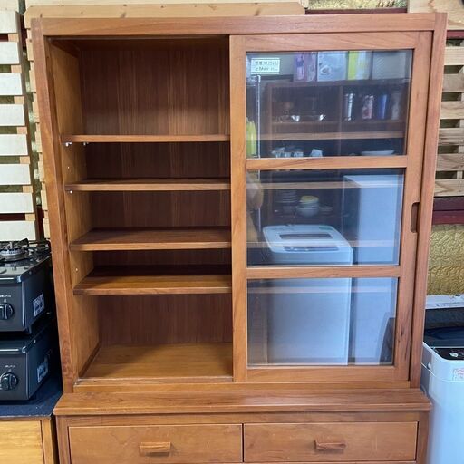 ??店頭持ち帰り限定価格??ガラスキャビネット 天然木チーク無垢材 キッチン中古収納家具 食器棚