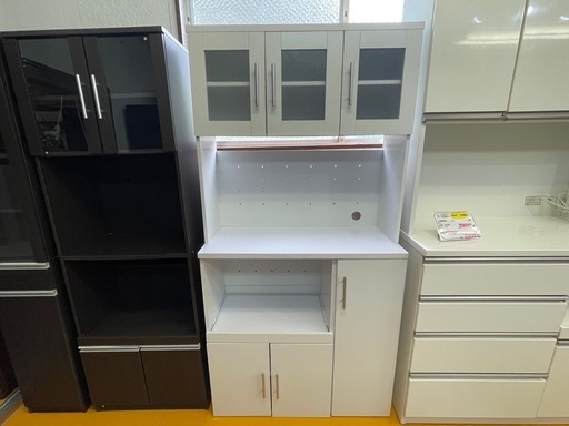 【リサイクルサービス八光】幅90㎝　ホワイト　ガラス扉付き食器棚