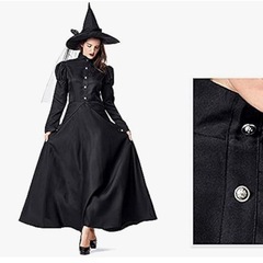 ❣️ハロウィン コスプレ 魔女 ５点セット 黒 ワンピ ース 仮装 女 衣装 長袖の画像