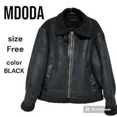 エモダ　フェイクレザー　ボア　コート　ブラック