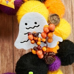 ハロウィンリース ニットリース　毛糸玉リース　お化け　ハンドメイドの画像
