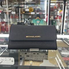 マイケルコース　３つ折り長財布　ロゴ　レザー　ブラックxゴールド...
