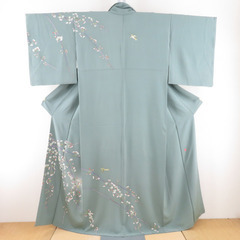 本加賀友禅 訪問着 前川哲 枝花に小鳥文様 灰緑色 作家物 落款...