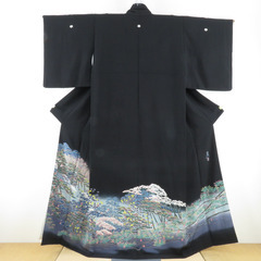 本加賀友禅 黒留袖 杉浦伸 流水に枝花文様 正絹 袷 広衿 比翼...