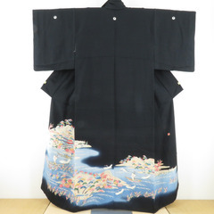 本加賀友禅 黒留袖 鶴見保次 山水に花鶴文様 正絹 袷 広衿 比...