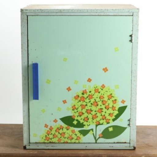 ●昭和レトロ スチールキャビネット 鉄製 紫陽花 花柄 シャビー 古道具 ラック 収納 小物入れ Oct0304