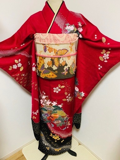 振袖フルセット 花扇 松竹梅 金通し 金銀彩 赤紫 正絹
