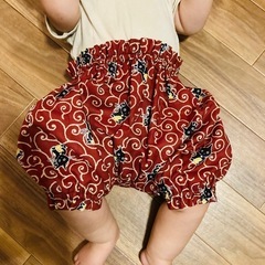 ● 和柄黒猫唐草模様 70.80.90.100.110かぼちゃパンツ ハーフパンツ／お揃いコーデ 兄弟 リンク●子供男女兼用の画像